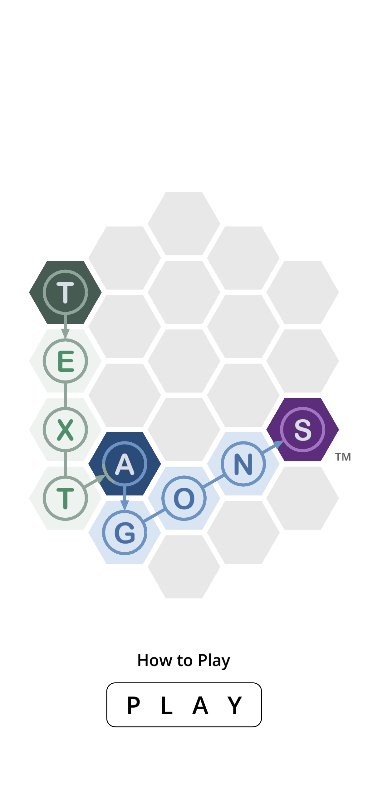 Textagons title screen with the game name spelled across the grid